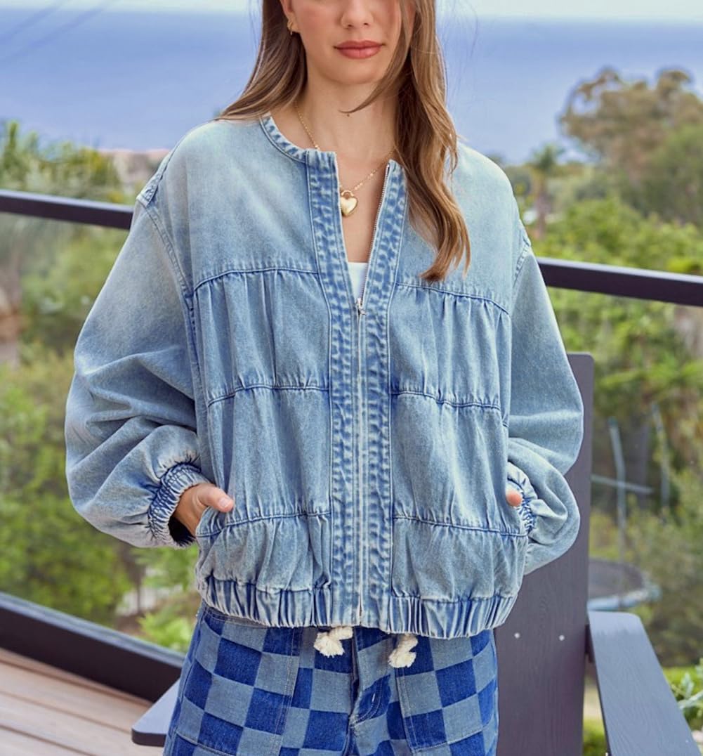 Chouyatou Women's Spring & Autumn Floral Denim Jacket Y2K Casual Loose Short Coat with Pockets SpringStatements