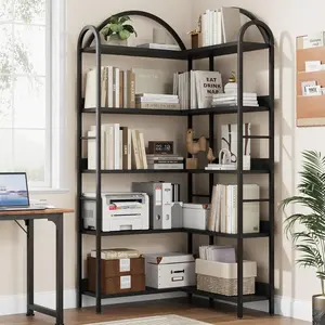 5 Tier Arched Corner Bookshelf, 68.5" Tall L Shaped Multi-Layer Large Bookcase,  Ideal for Living Room, Bedroom, Studyroom, Office, Black