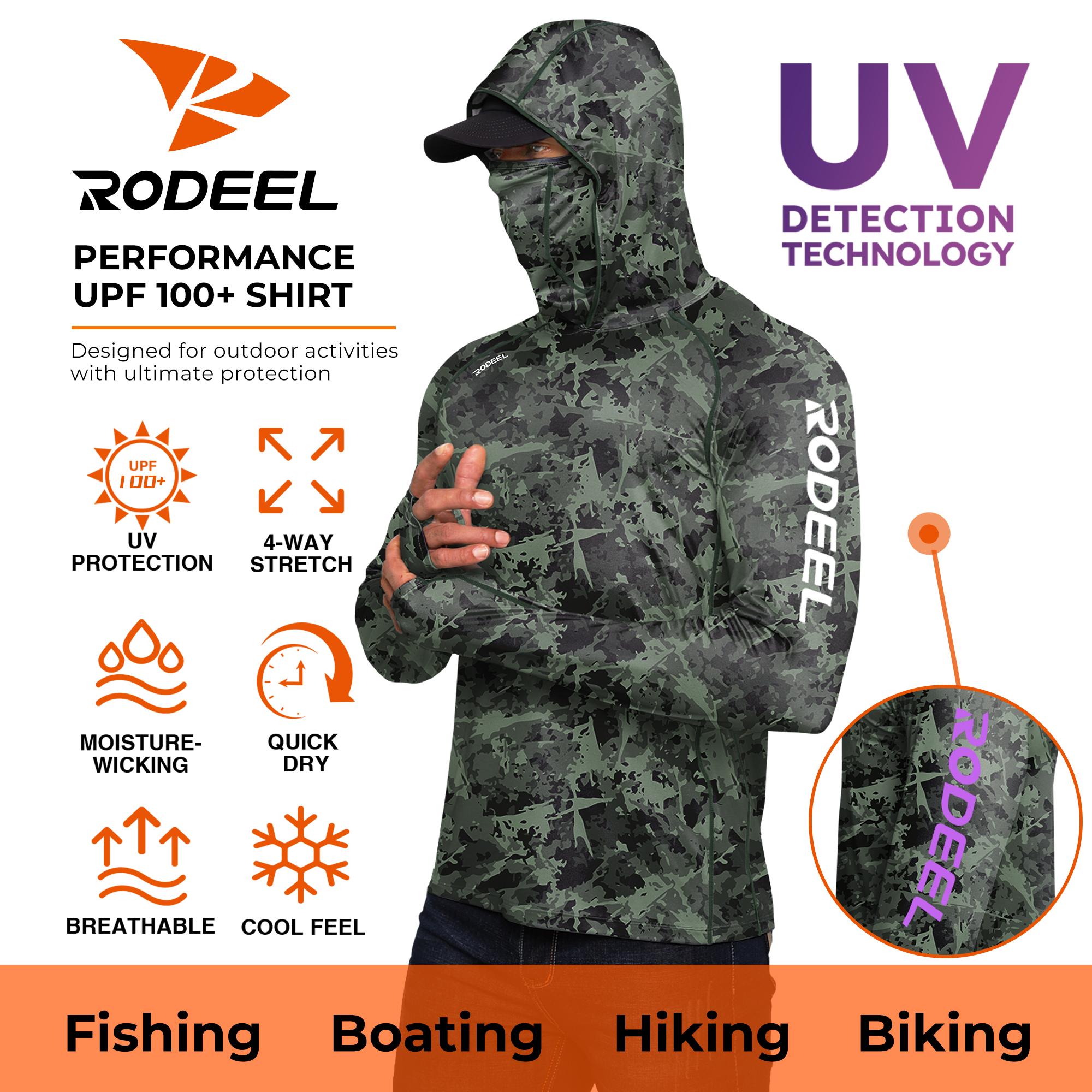 【RODEEL】934 Sun Hoodie Shirts w/ UV Detection Mask Neck Gaiter Thumbhole Men UPF 100+ Sun Protection Long Sleeve Lightweight Quick Dry Moisture Wicking Breathable Cooling Athletic Activewear for Outdoor Sports Fishing Construction Roofing, Holiday Gift