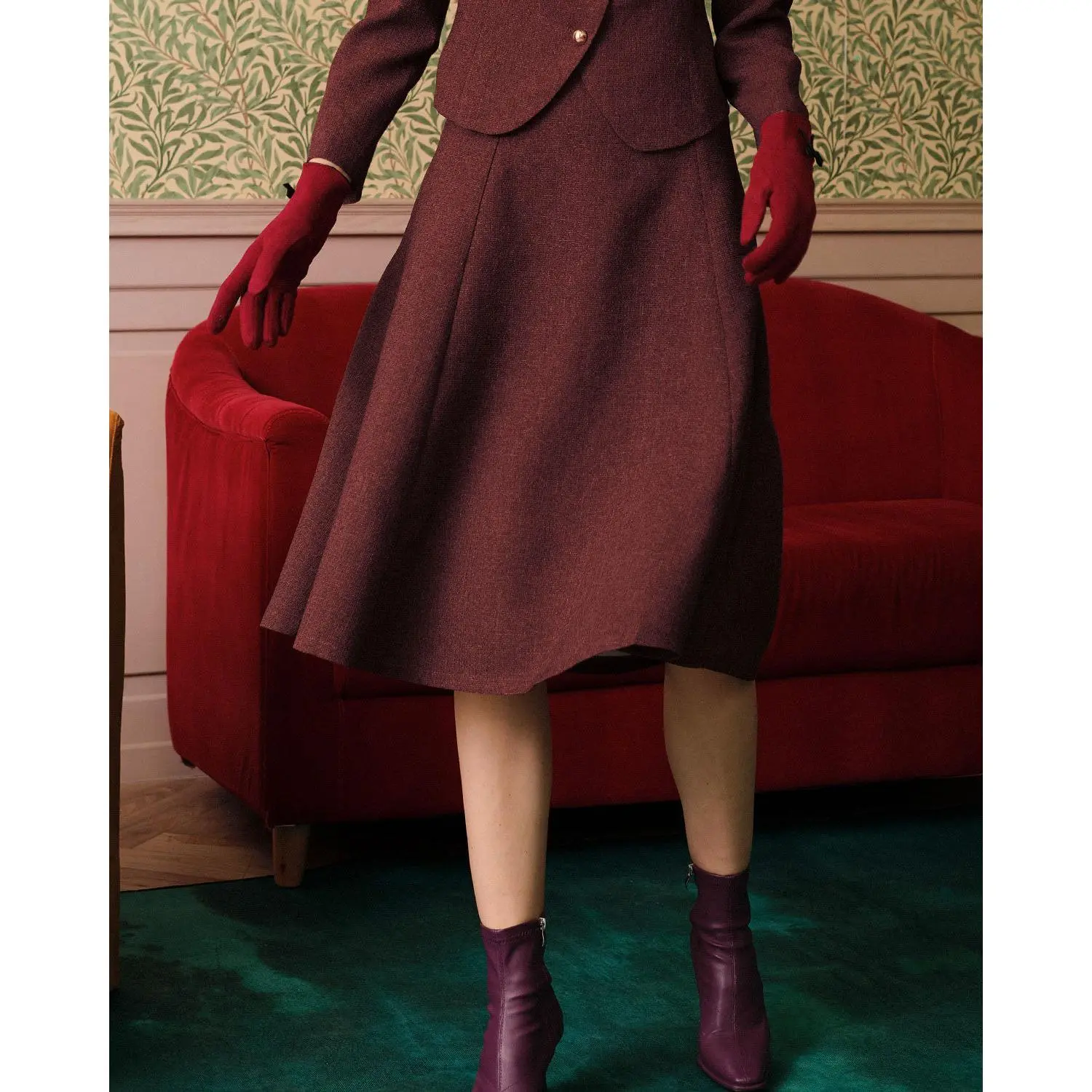 Rihoas Women's High-Waisted Slim-Fitted Pleated Textured Burgundy Retro Tweed 100% Polyester Skirt with Zip - Chic Elegant Women's Bottom Wear, High Women's