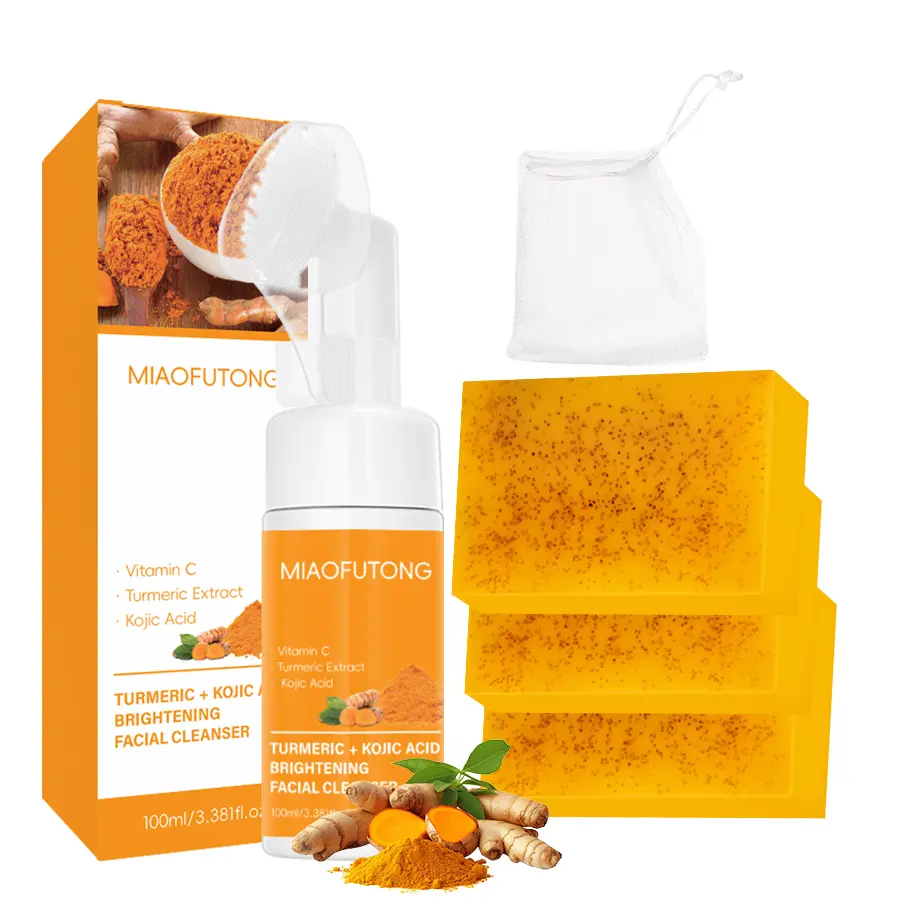 Turmeric Facial Cleanser Set, Facial Cleansing Mousse and Soap Duo, Gentle Skincare Wash