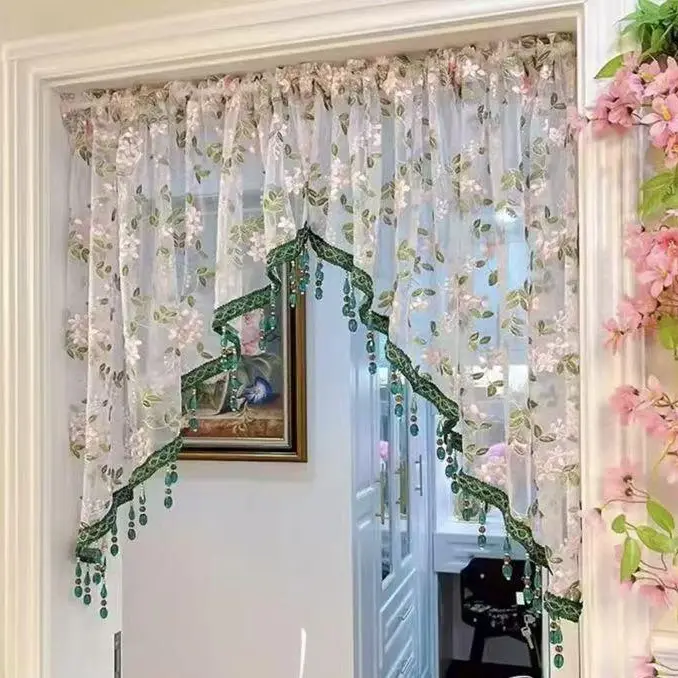 Luxury Floral Lace Door Curtain (No Drilling Required) | Aesthetic country-style room décor featuring elegant cascading crystals  Suitable for bedrooms, kitchens, hallways and room dividers  An excellent gift