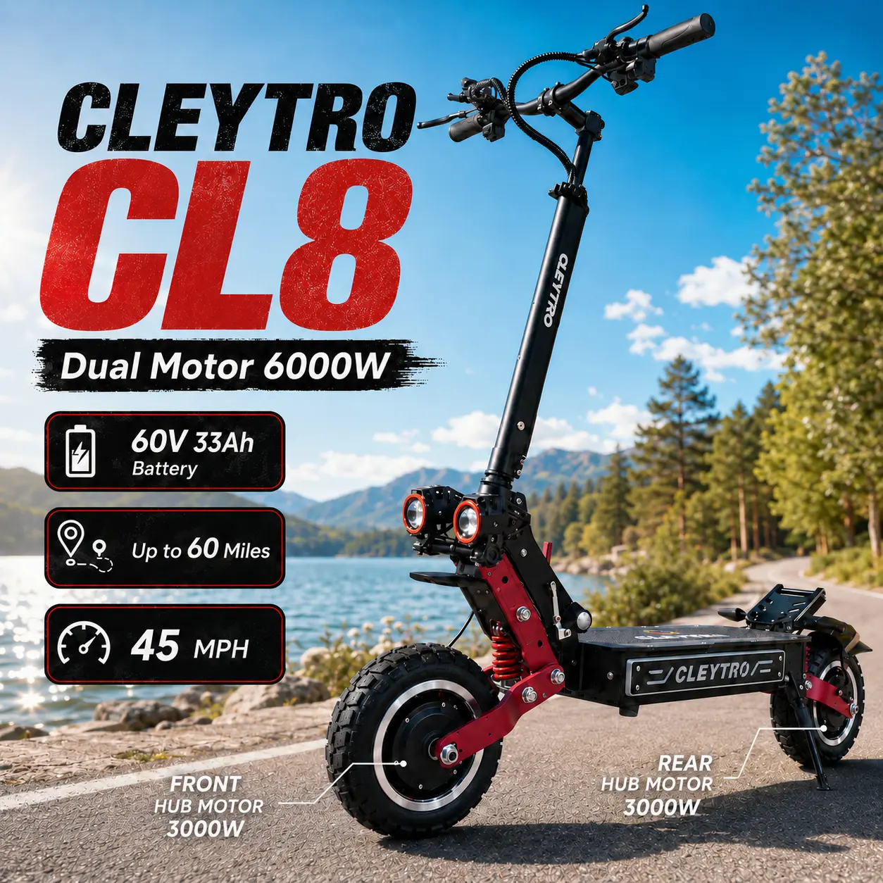 CLEYTRO CL8 High Performance Off-Road Motorized Scooter for Adults, 6000W Dual Motor, 45 MPH Top Speed, Up to 60 Mi Range, 60V 33Ah Lithium Battery, 11 In Tires, Hydraulic Suspension, Motorized Scooters