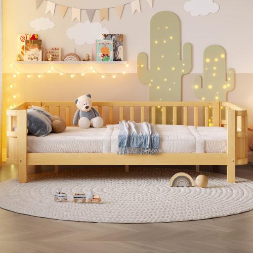 Bellemave Twin/Twin XL/Full/Queen Size Wood Platform Bed for Kids with Safety Guardrails Detachable Fence & Open Design for Co-Sleeping Floorbed