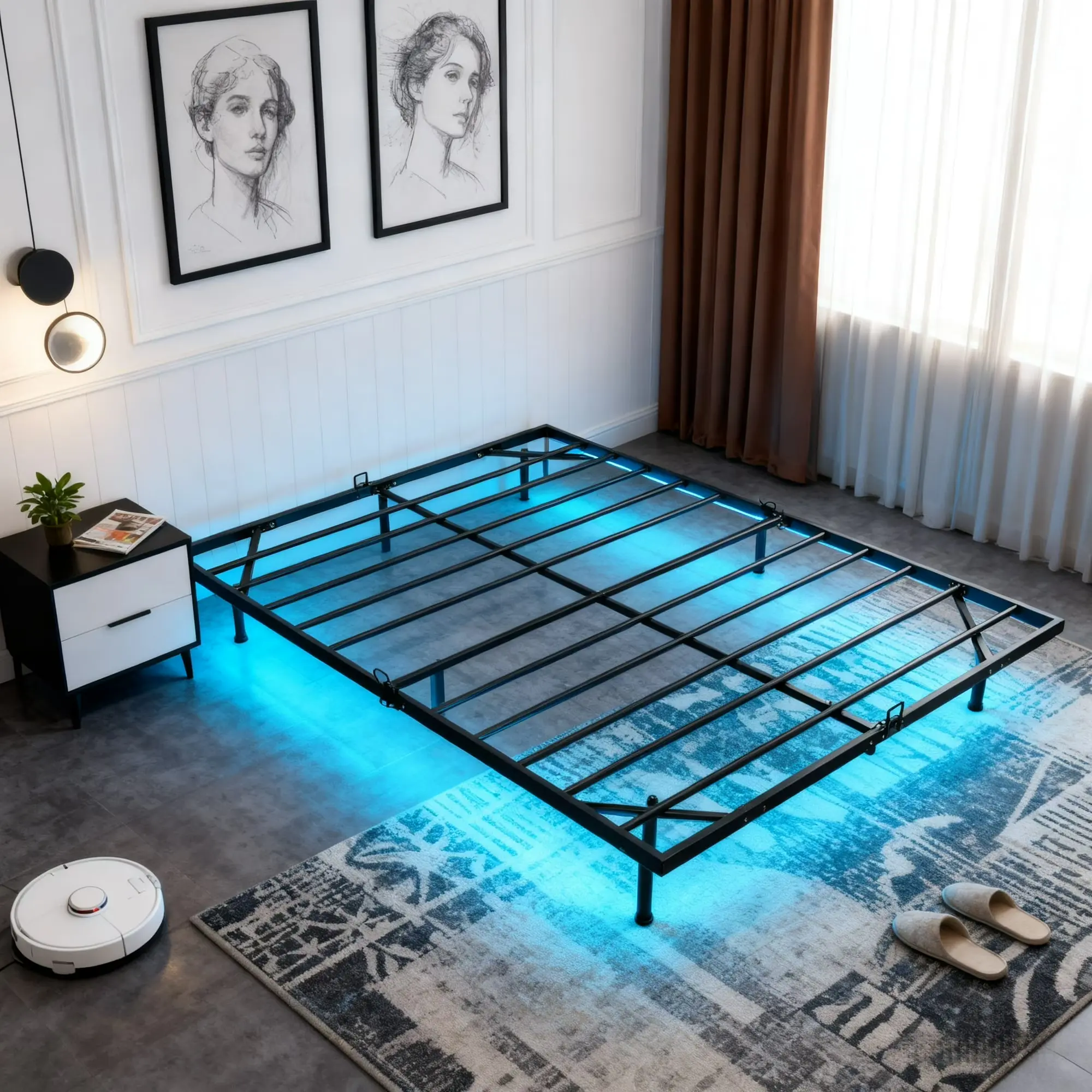 Sweetcrispy Queen Size Floating Platform Bedroom Bed Frame - Metal Bedframe with LED Lights, 2-Outlet & USB Ports Charging Station, No Box Spring Needed, Anti-Sliding, Noise-Free, Easy Assembly, Bedroom Bedframe