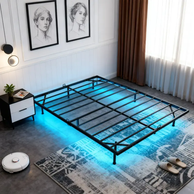 Floating Bed Frame, Metal Platform Bed Frame with LED Lights, Charging Station with 2 Outlets & USB Ports, No Box Spring Needed, Anti-Sliding, Noise Free, Easy Assembly,