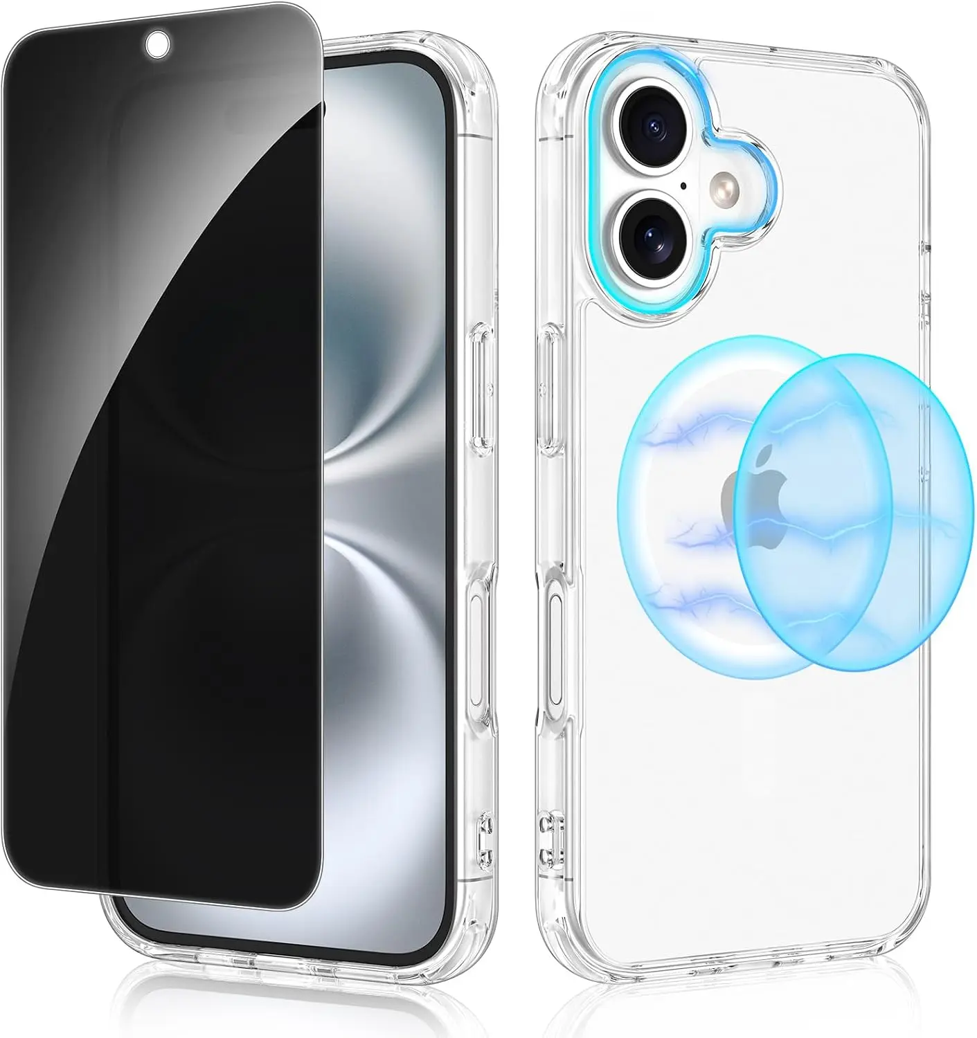 AnyMoon Magnetic Casing for iPhone 16, Transparent Slim Shockproof Cellphone Cover with Privacy Screen Protector, MagSafe-Compatible Protective Device Accessory