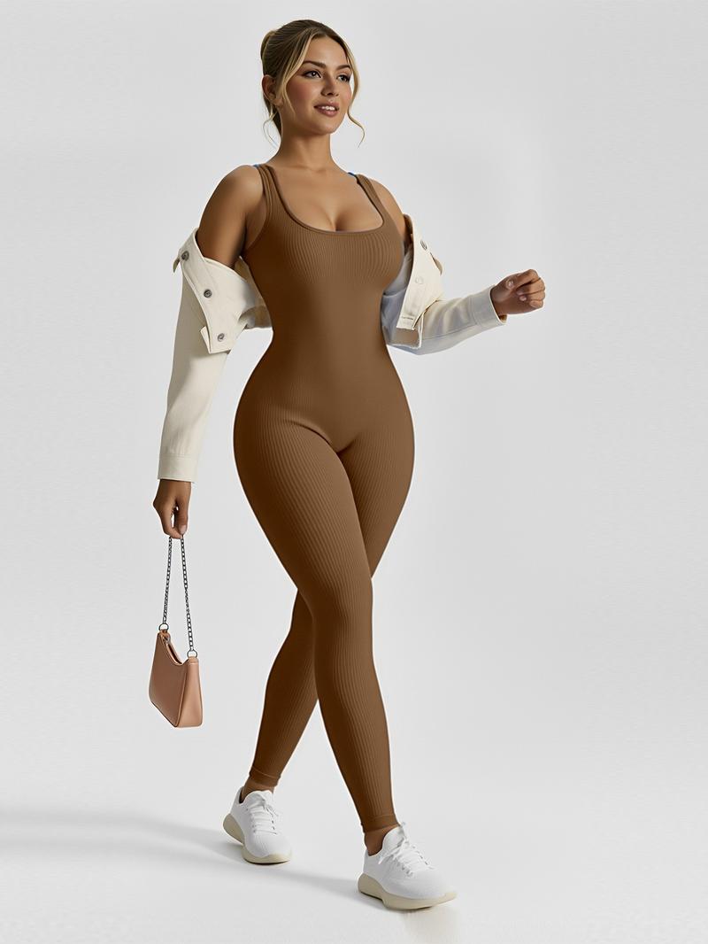 Women's Seamless Ribbed Knit High-Stretch Tummy Control Butt Lifting Yoga Bodysuit Square Neck Sleeveless Plain Solid Color Long Length Minimalist Elegant All Seasons Athletic Style Workout Gym Clothing