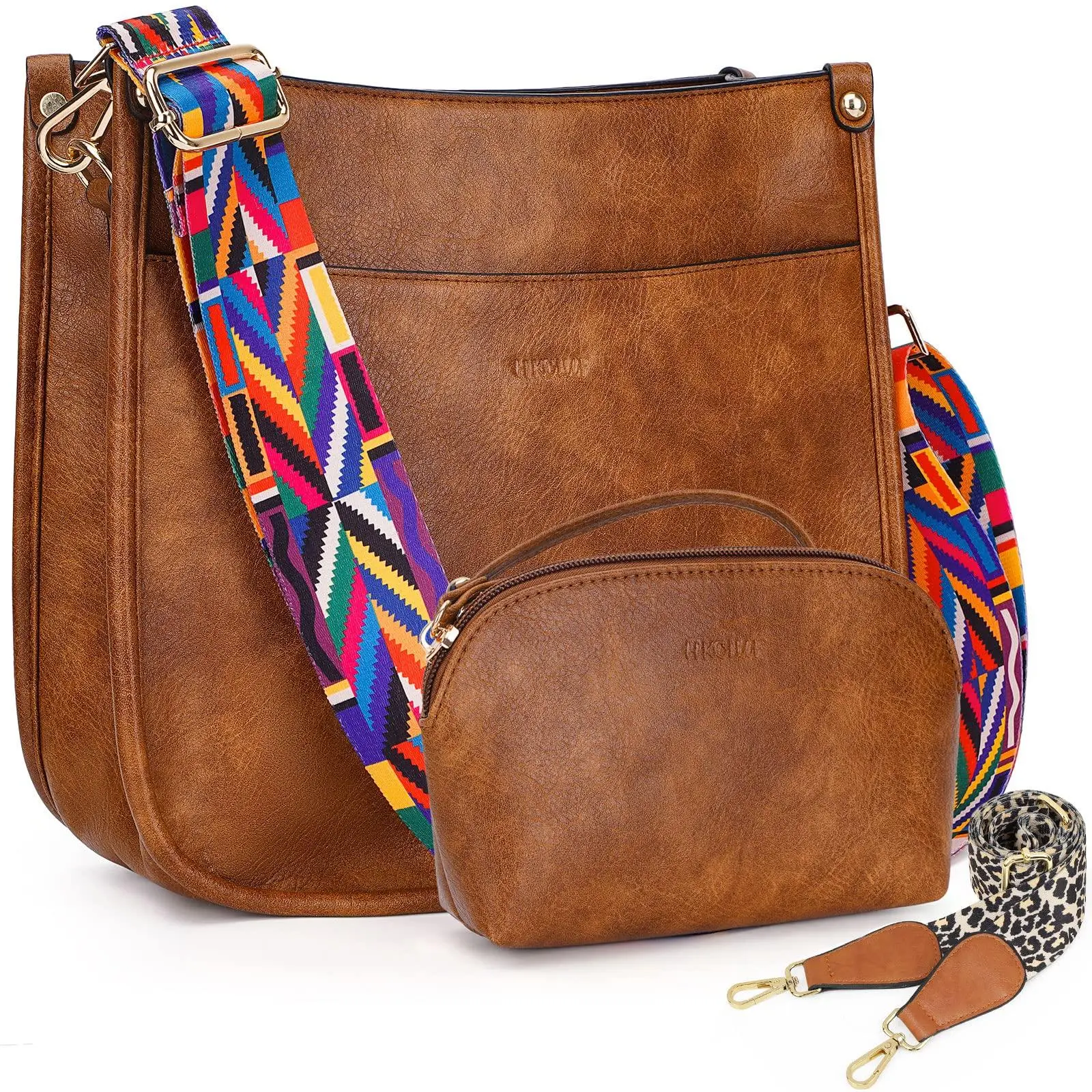 HKCLUF 4055 Crossbody Bag Purse for Women 2pcs Leather Hobo Bags and Wallet Set With 2 Replacement Guitar Leopard Strap