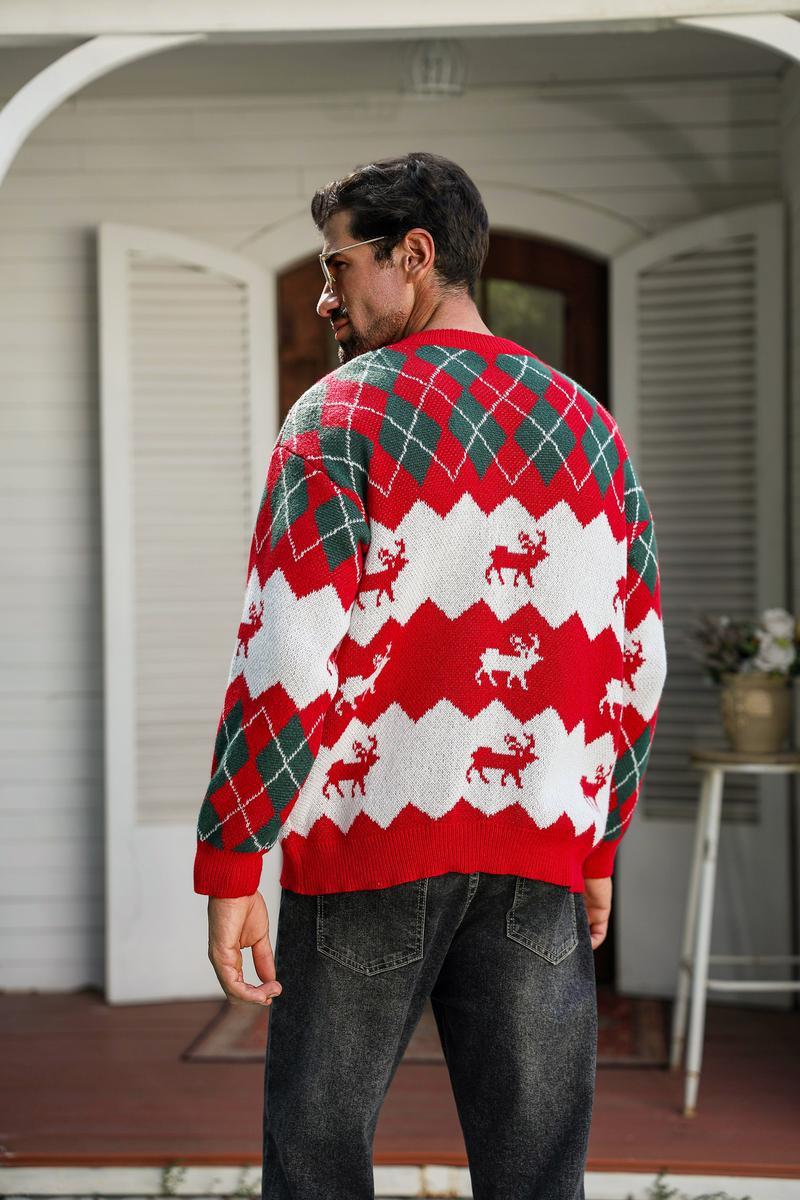 HYPESTFIT Unisex Christmas Elk Pattern Knit Sweater Fitted Crewneck Long Sleeve Pullover for Couples Festive Winter Outfit Cozy Knitwear Medium