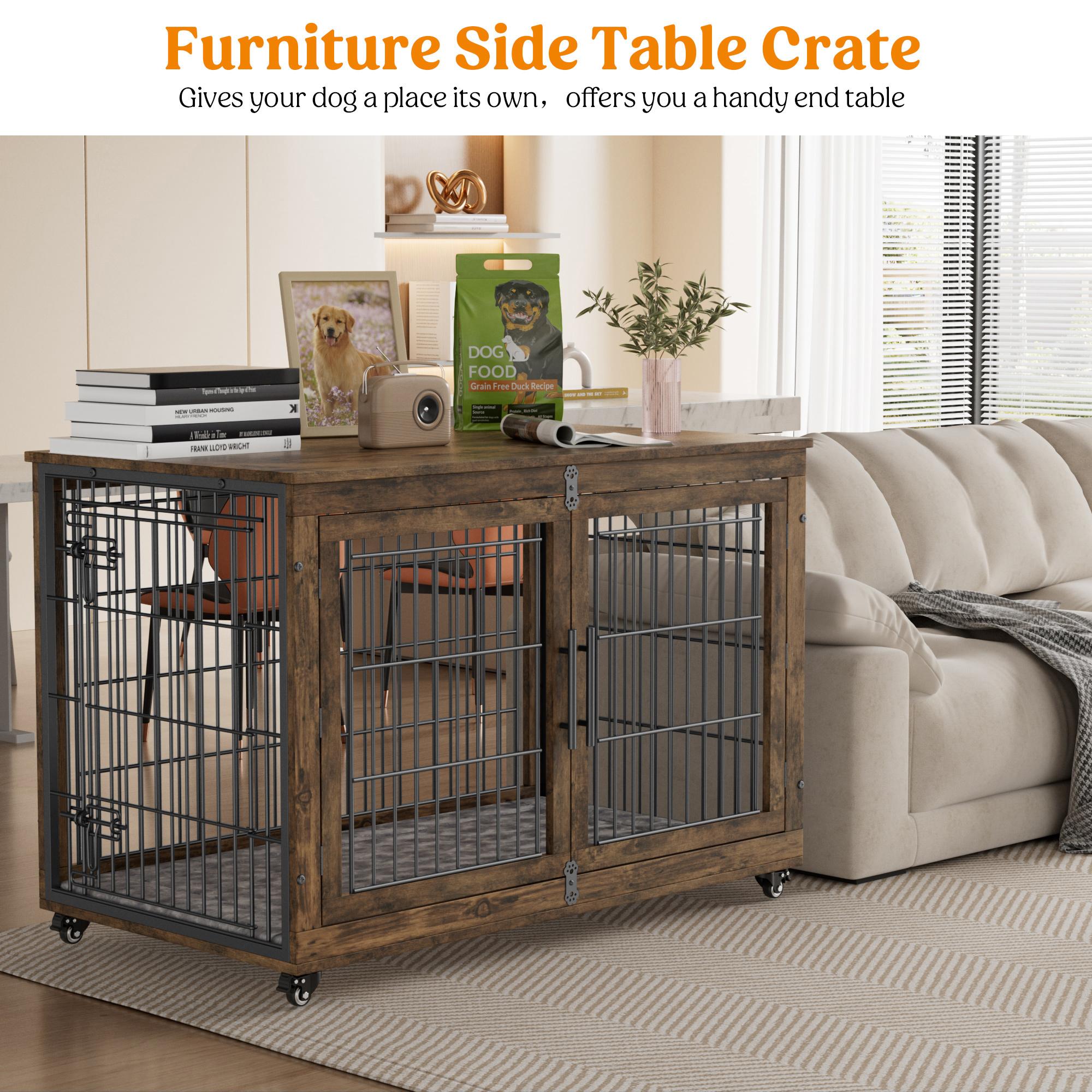 Aowos Wooden Dog Crate Furniture, Stylish Dogs Kennel for Small to Extra Large, Double Door & A Cushion & 360° Wheel, Single Door & 2 Bowels, 27''/32''/38''/44'', Metal, Chew-Proof Design, Dog Cage Aowos Wooden Dog Crate Furniture, Stylish Dogs Kennel for Small to Extra Large, Double Door & A Cushion & 360° Wheel, Single Door & 2 Bowels, 27''/32''/38''/44'', Metal, Chew-Proof Design, Dog Cage