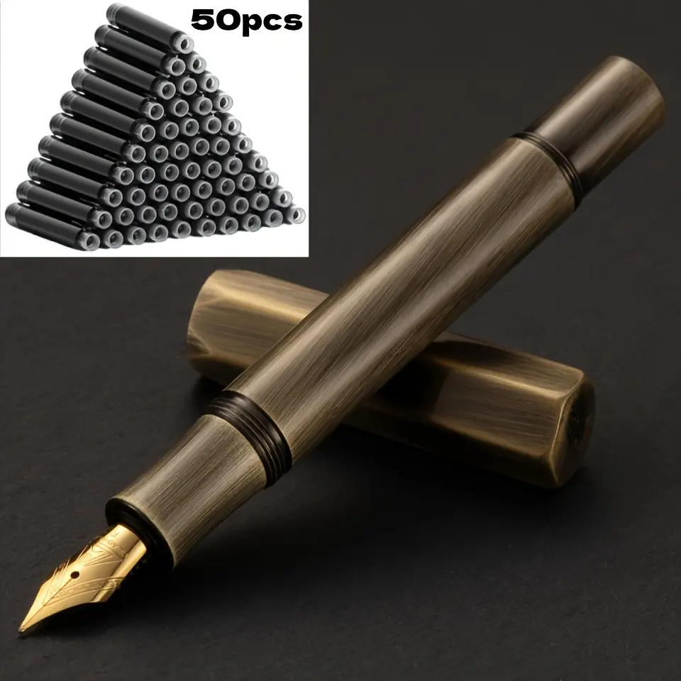 51-piece set (1 pen + 50 ink cartridges), 0.5 mm fine tip, gold-plated nib, brass barrel, screw cap, mini short design, suitable for calligraphy, elegant high-end luxury, fits 2.6 mm diameter, student stationery, gift ideas—Valentine’s Day, back-to-school