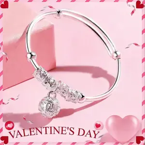 925 Sterling Silver plated Bracelets For Women Beads Bangle Bracelet Transfer LuckyCuff Open Design Silver Bells Palace Bell Bracelet