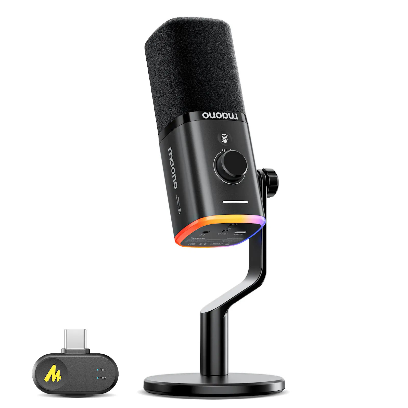 MAONO PD100W Wireless & Wired Gaming Microphone - Aesthetic Space-Saving Desktop Mic with Charging, High-Quality Audio, Quick Mute, Headphone Jack, Gain Knob, Volume Control, Dynamic RGB for PC Gamers, Compatible with PCs, Smartphones, Laptops, PS4, PS5,,