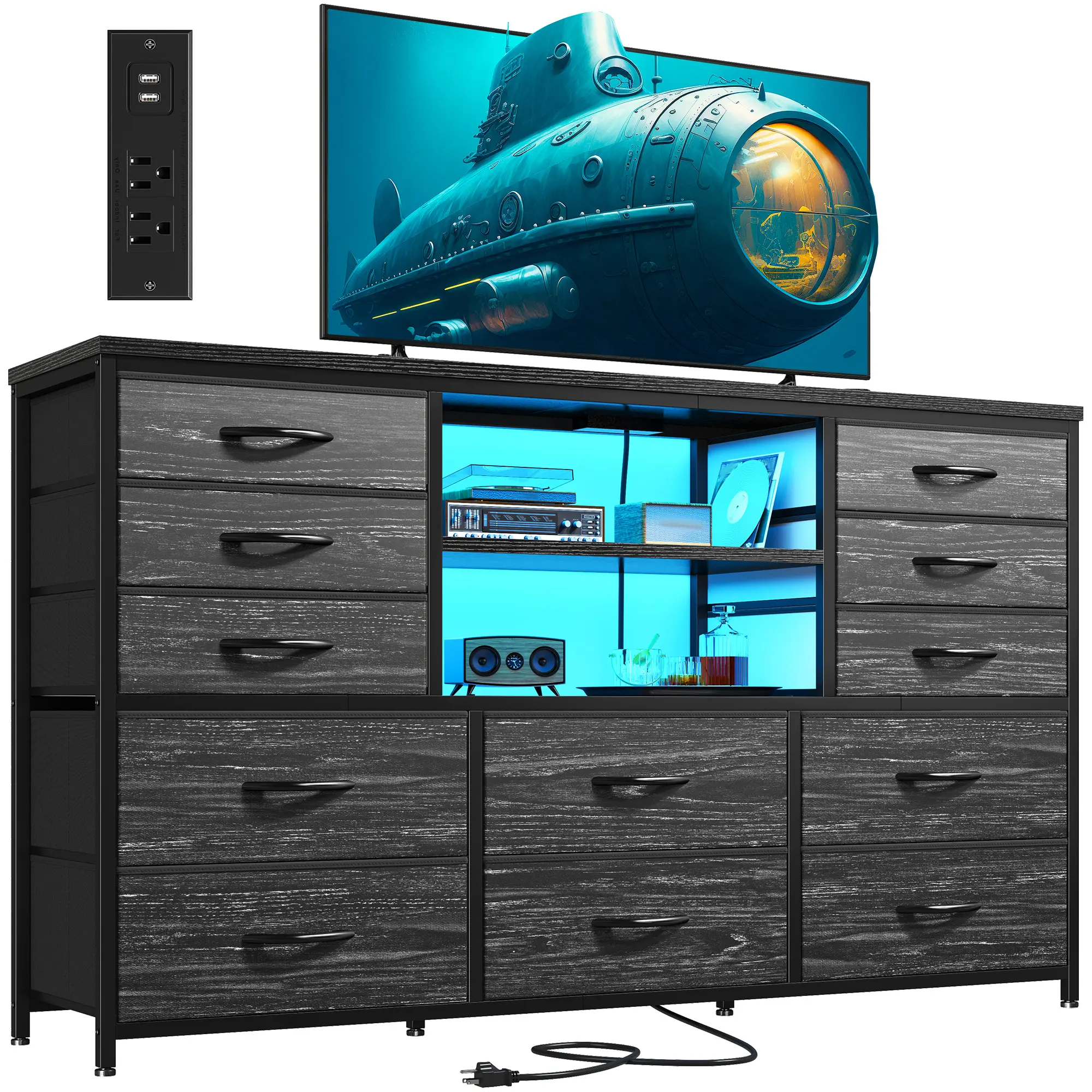 【Summerwins】Raybee Modern 10–12 Drawers Fabric Dresser for Bedroom, Wide Storage Dresser Organizer & Drawer Chest with LED Lights and Charging Station,45-Inch TV Stand Dresser with Large-Capacity Drawers for Living Room,Closet,Entryway & Home Décor