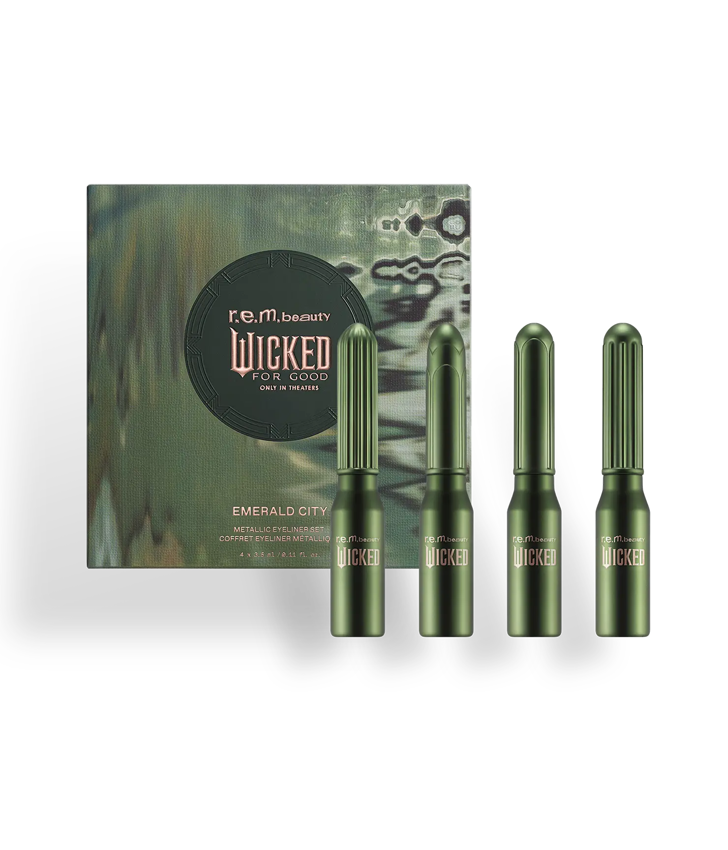 r.e.m. beauty x Wicked: For Good Emerald City Metallic Eyeliner Set - cool silver to warm bronze, gold and green, bold colors, dip-well eyeliner makeup set