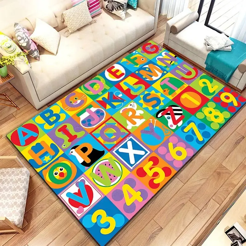 KidsEducational Alphabet NumberFlannel AreaRug, Indoor Area Rugs - Colorful ABC 123 LearningMat withCartoon Animals, Non-Slip Soft Play Rug for Nursery & Playroom, Cartoon Pattern Rug