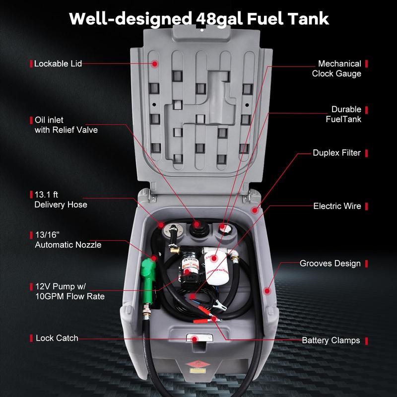 Garvee 48 Gallon Portable Fuel Transfer Tank with 12V Electric Pump, 10GPM Flow, 13Ft Hose & Auto Nozzle for Diesel & Gasoline - Ideal for Trucks, Tractors, Boats, Generators - Gray
