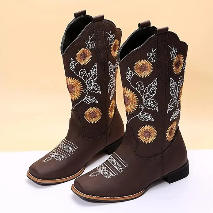 Gloryinterest Women's Western Cowgirl Boots - Sunflower Embroidery, Square Toe, Low Heel, US3-11.5, Braid Accent, Chic, All Season Fashion, Comfortable Durable, Western OOTD, Cowboy Aesthetic, for Country Concert, Daily Wear