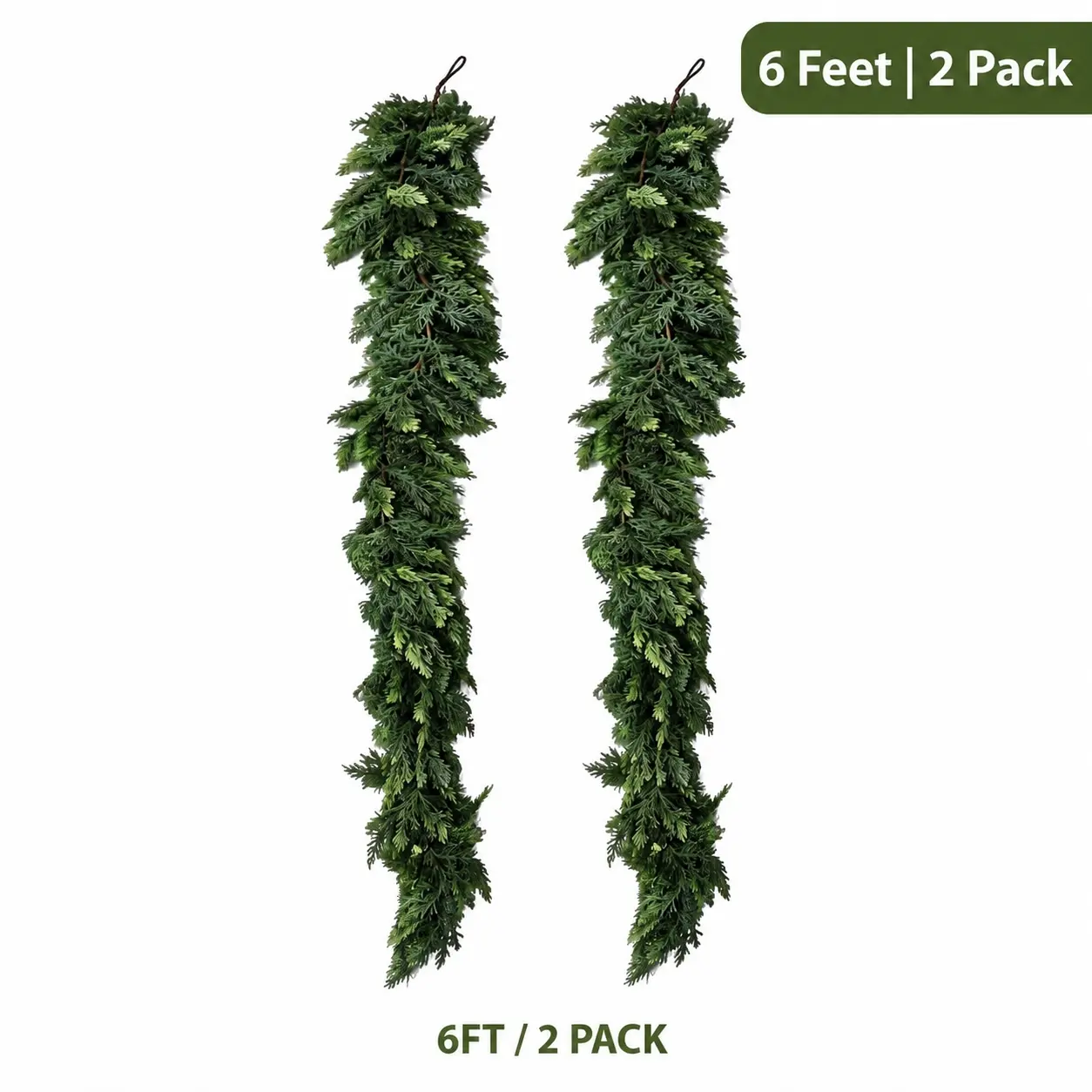 6 FT 2 Pcs Artificial Cedar Garlands, Real Touch Winter Pine Garland, Green Artificial Greenery Garland for Table, Mantle, Wall, Indoor, Outdoor Christmas Decorations (2, 6 FT)