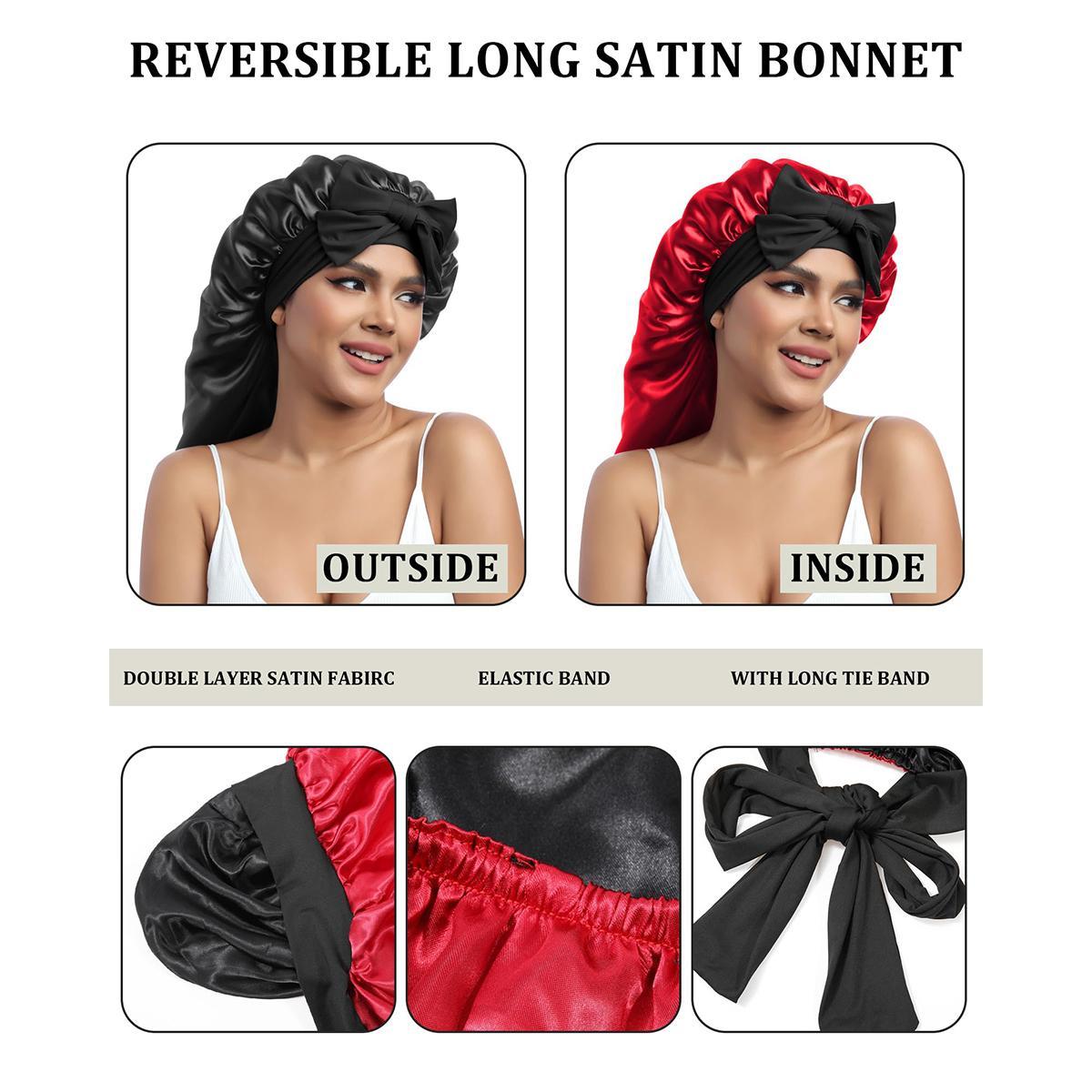 Long Double Layer Satin Bonnet Silk Like Texture for Sleeping Sleep Cap Adjustable Care Hair Bonnets with Elastic Tie Band for Women Braids Curly Hair Natural Hair Wrap Nightcap Gifts for Women