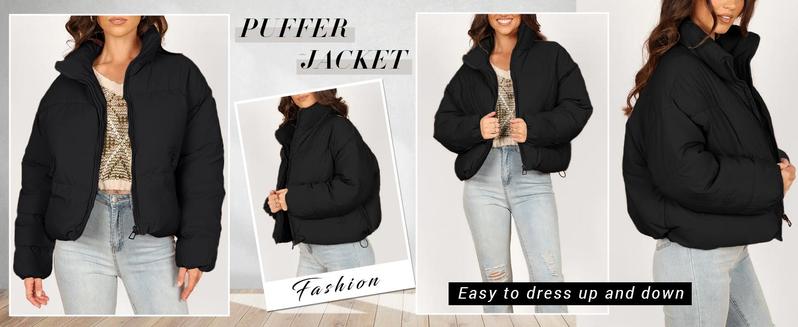 Polu Women's Winter Cropped Puffer Jacket Oversized Long Sleeve Full Zip Puffy Coat Warm Quilted Jacket with Pockets