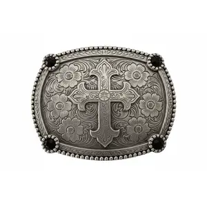 Blazin Roxx Floral Cross Western Belt Buckle with Black Jewels – Silver Engraved Buckle (37940)