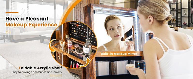 COSTWAY 360° Swivel Jewelry Armoire with Full Length Mirror, Rear Storage Shelves, Lockable Standing Jewelry Cabinet Organizer with Interior Vanity Mirror and 3-Color Lights -costst