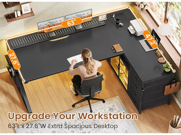 SEDETA 63-Inch L-Shaped Gaming Desk Computer Desk with 4 Drawers and Display Cabinet Executive Office Desk with Storage Shelves and LED Light SEDETA 63-Inch L-Shaped Gaming Desk Computer Desk with 4 Drawers and Display Cabinet Executive Office Desk with Storage Shelves and LED Light