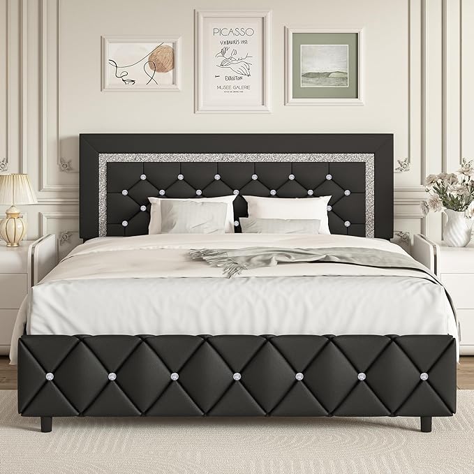 HOMBCK Diamond Bed Frame, No Mattress, Comfortable and Adjustable Headboard, Modern style, Princess Bed, No Box Spring Required