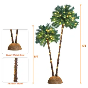 6.2FT Pre-Lit Artificial Palm Tree with LED Lights, Twin Trunk Tropical Tree Decor for Party, Wedding, Home, Holiday Decoration