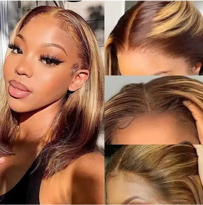 Highlight Wear Go Glueless Human Hair Straight Short Bob Wig P4/27 Colored 13x4 HD Lace Frontal Glueless Wigs Ready to Wear summerwins