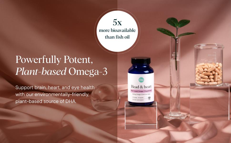 Ora Organic Vegan Omega 3 Supplement - 500mg DHA for Brain, Eye, and Heart Health - Made from Sustainable Algae - 60 Capsules