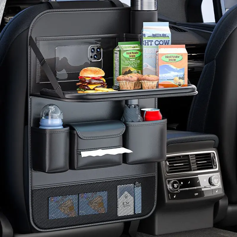 Leather Car Backseat Organizer - Universal Fit Clutter-Free Backseat Storage Accessory, Multi-Pocket Protector, Foldable Travel Activity Tray, Device Holder for Family Trips, Car Stuff, Tablet & Phone Holder