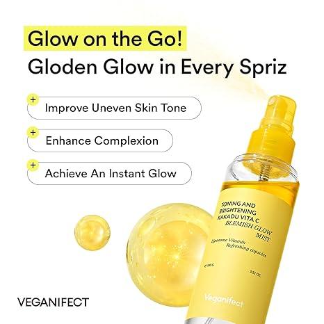 VEGANIFECT Vitamin C Glow Mist for Radiant Skin, Hydrating Serum Mist with Niacinamide & Glutathione, Korean Vegan Skincare, 3.38 Fl Oz