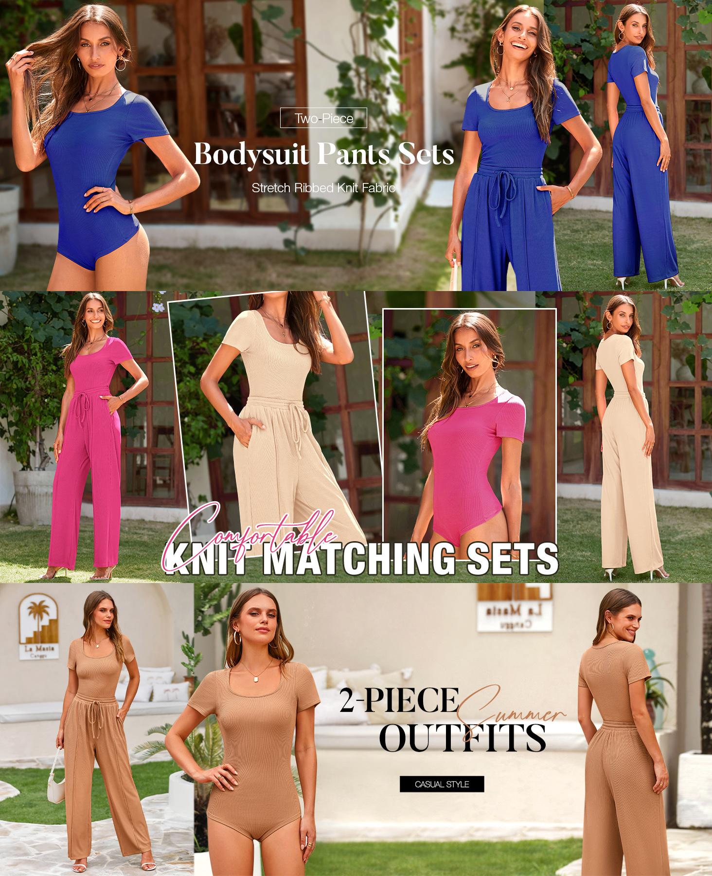 BTFBM Women's Casual 2-Piece Outfits Square Neck Short Sleeve Shapewear Bodysuit Drawstring Pants Knit Sets