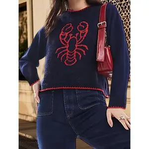 Graphic Sweater y2k Women Crab/Lobster Pattern Crew Neck Long Sleeve Knit Tops