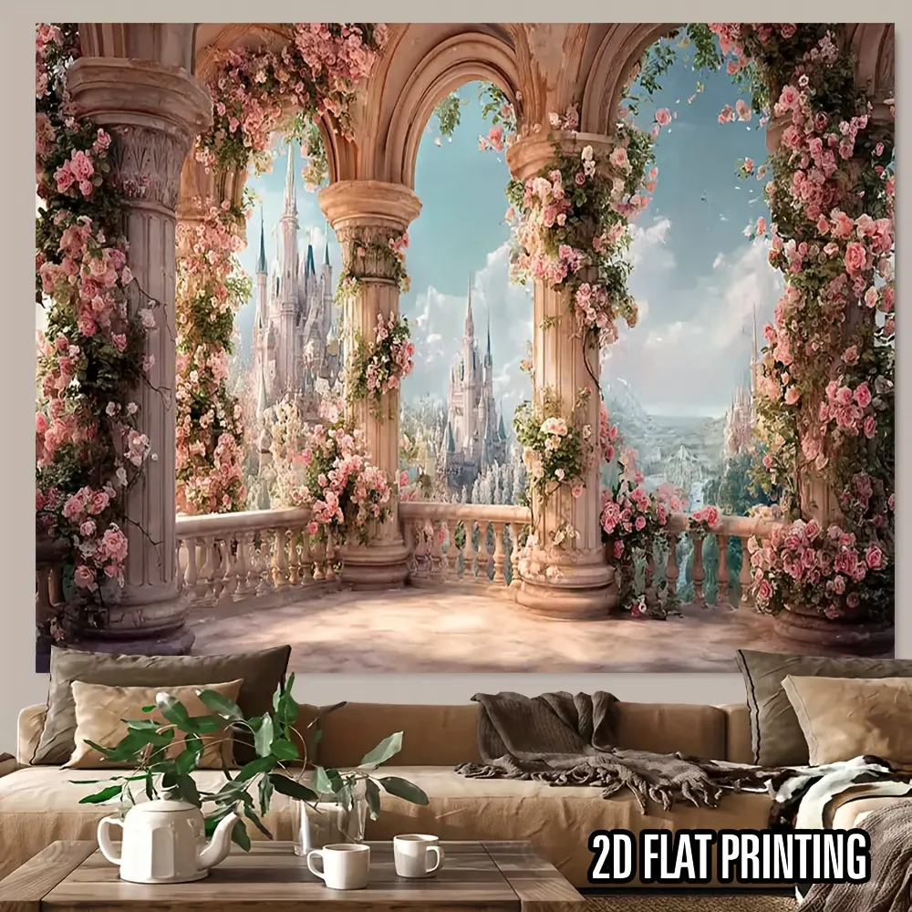 1PC,2D Flat Enchanted Castle Floral Balcony Tapestry, Fairy - tale Style Pink Flower Arch Decorative Wall Hanging, for Bedroom, Living Room & Photography, Romantic Girlish Room Renovation Backdrop, Birthday, One-Piece