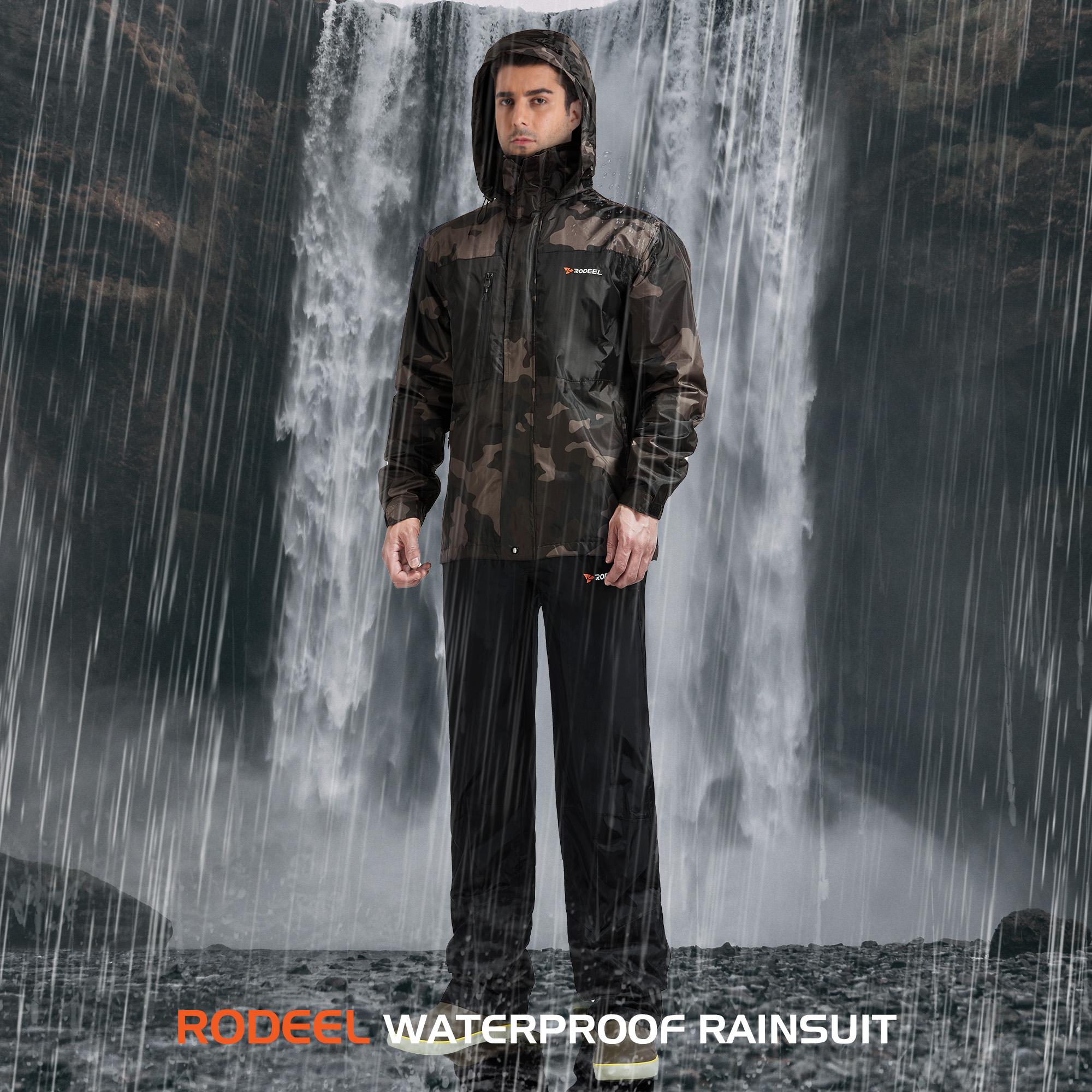 【RODEEL】702 Waterproof Jacket and Pants Set Men Lightweight Breathable Full Zip Hooded Rain Coat Durable Rain Suit Weatherproof Rainwear Windbreaker For Outdoor Sports Hiking Camping Fishing Boating Construction Landscaping Gardening, Holiday Gift