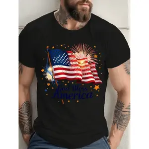 American Independence Day T-shirt plus size mens printed t shirt patriotic god america t shirt with flag and fireworks design for men big and tall 100 cotton round neck casual stylish short sleeves for black -1 tokwear Tee