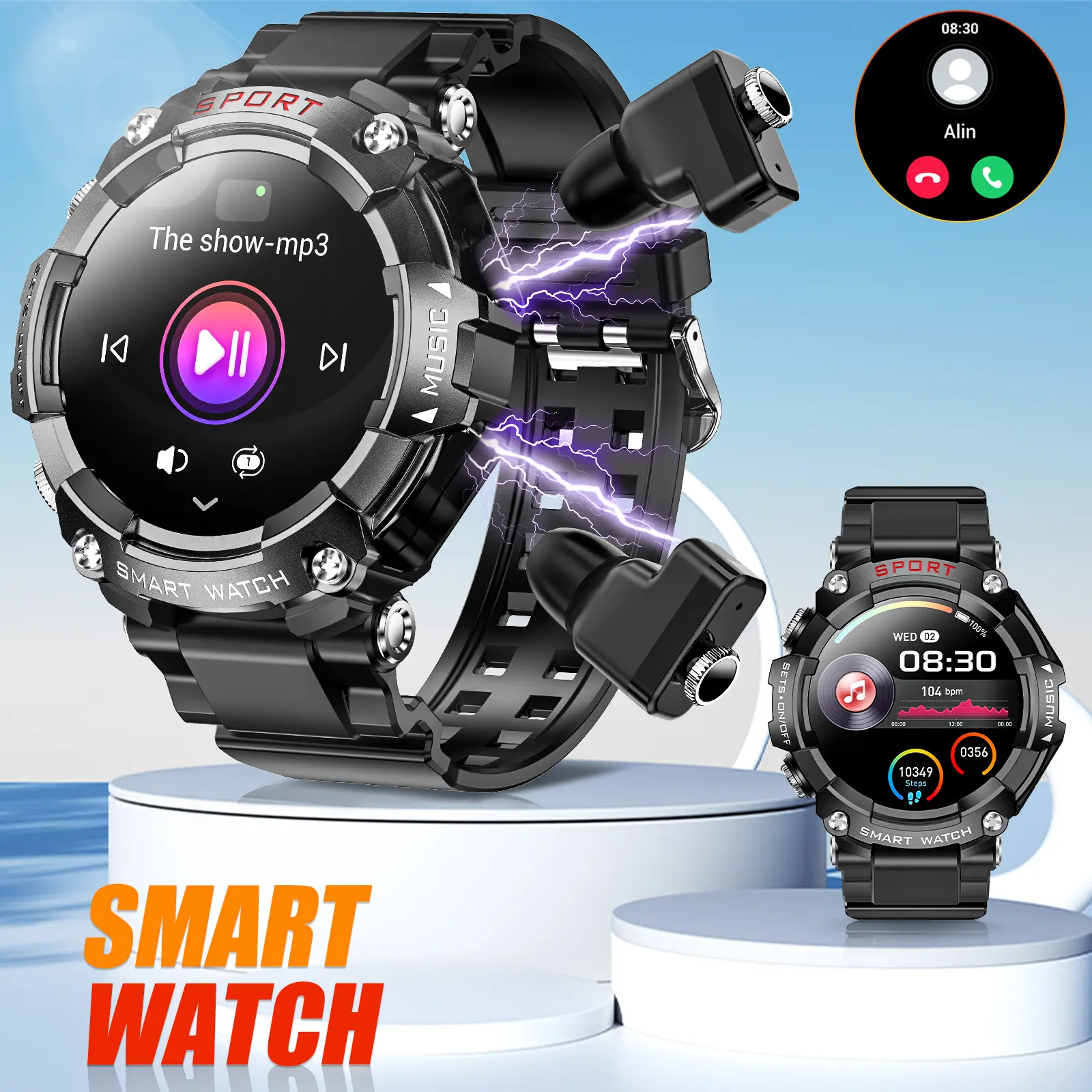 EIGIIS 2-in-1 Smart Watch with Built-in Wireless Earbuds for Men, Rugged Outdoor Adventure Sport Watch (Answer/Make Call), 100+ Sports Modes Waterproof Smartwatch with Earphones, Perfect Tech Gadget Gift for Men Android