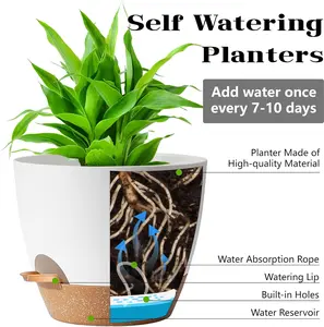 5Pack Self Watering Plant Pots for Lazy People, 7/6.5/6/5.5/5 Inch,White Plastic