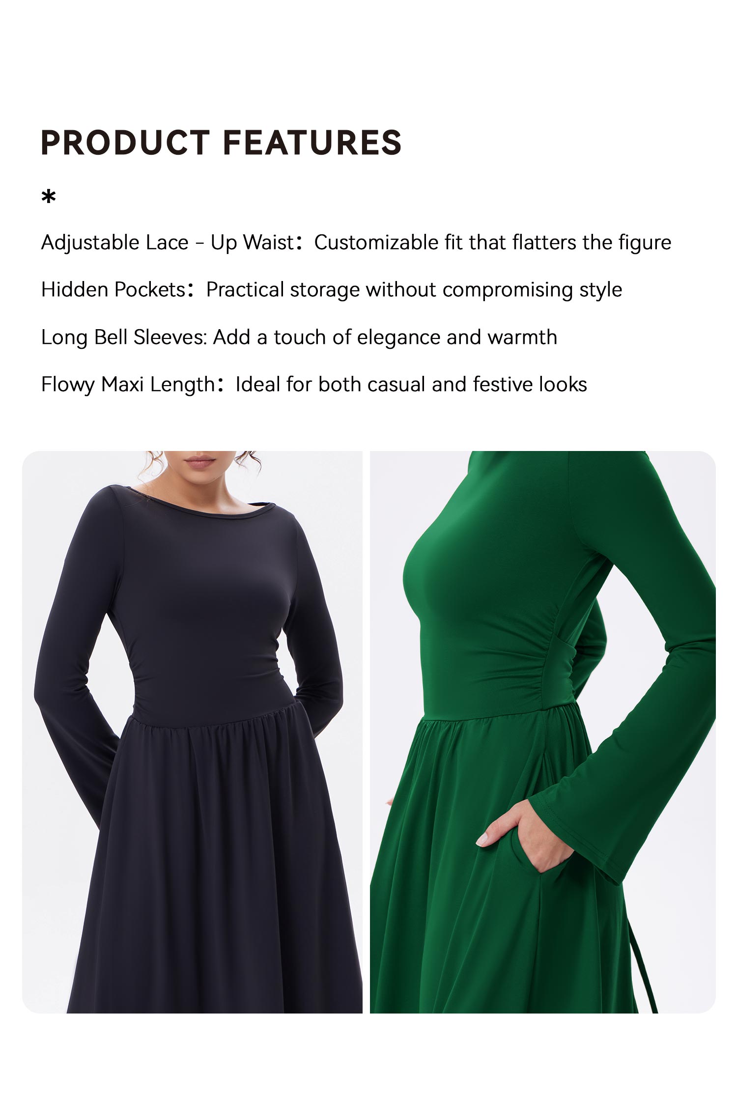 OQQfitness Womenswear Maxi Flowy Dresses Bell LongSleeve Boat Neck Adjustable Back Tie Casual Elegant Empire Waist Lace Basic Minimalist with Pockets SpringStatements OQQfitness Womenswear Maxi Flowy Dresses Bell LongSleeve Boat Neck Adjustable Back Tie Casual Elegant Empire Waist Lace Basic Minimalist with Pockets SpringStatements