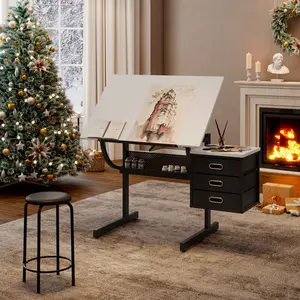 White Adjustable Drafting Drawing Table with Stool 3 Drawers 18mm E1 Particle Board Sturdy Construction Extendable for Office and Daily Use