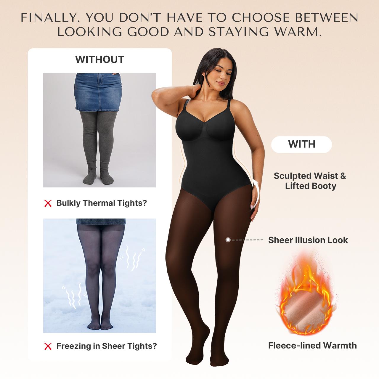 SHAPELLX CozyShape Sheer-Panel with Fleece Lined Tights Stay-Warm Tummy Control Sheer Effect Tights Bodysuit Black Basic