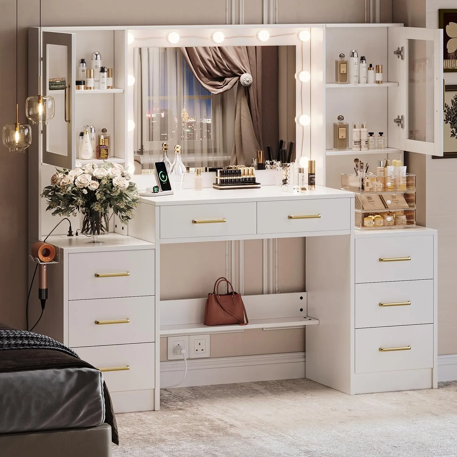 58.3" Modern LED Vanity Desk with Mirror, Replaceable Lights, Charging Ports, 8 Drawers, 2 Cabinets, Wood Frame, Metal Rail, Bedroom Makeup Vanity Set (Without Stool, White/Black/Pink)