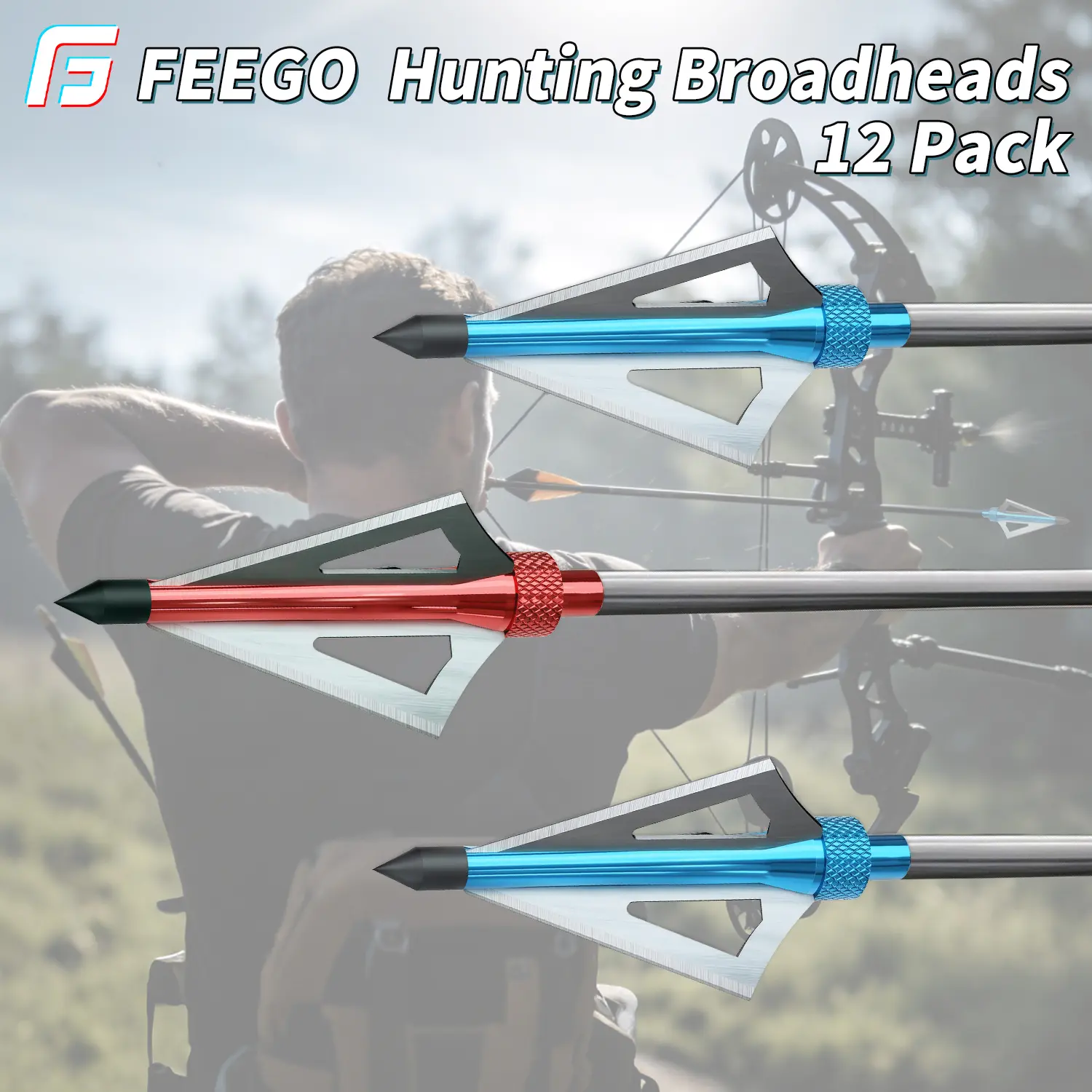FEEGO Hunting Broadheads for Arrows, 12-Pack with Storage Case, 100 Grains 3-Blade Steel Tip, 1.35" Cutting Diameter, 0.4 mm Blade Thickness, 2.8" Anodized Aluminum Shafts, Crossbow & Compound Bow Fit, Fly Like Field Pts Fast Flight