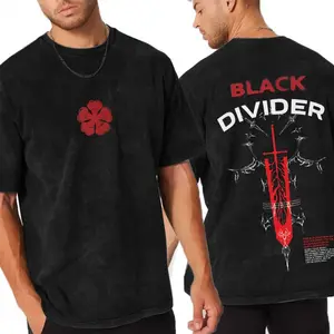 Black Divider Graphic Tee – Asta Black Clover Vintage Washed Oversized T-Shirt, Unisex Cotton Crew Neck Anime Streetwear for Fans, Casual Menswear Top