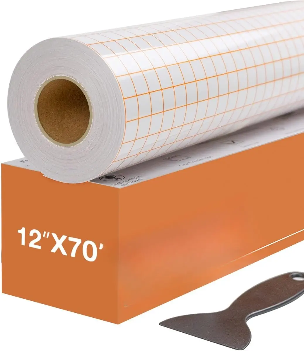 Transfer Tape for Vinyl - 12" x 70 FT w/Orange Alignment Grid for Adhesive Vinyl - Medium Tack Vinyl Transfer Tape for Cricut, Silhouette Cameo, Decals, Signs, Windows and Stickers