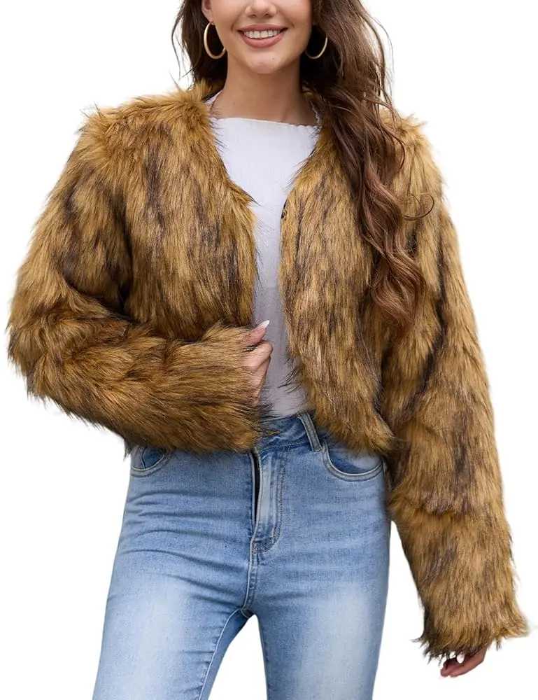 Yimoon Women's Winter Cropped Faux Fur Coat Long Sleeve Open Front Cardigan Fleece Jackets Shaggy Parka Outerwear